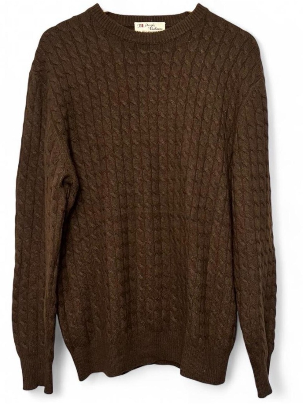 Pearls & Cashmere 100% Cashmere Cable Knit Sweater Brown Large Crewneck Luxury
